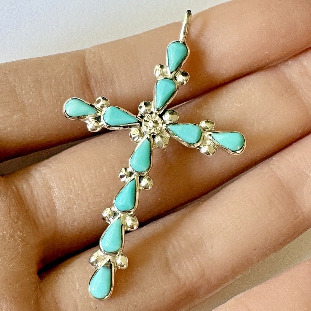 Native American Cross Pendant Zuni Sleeping Beauty Turquoise Sterling Silver 2in